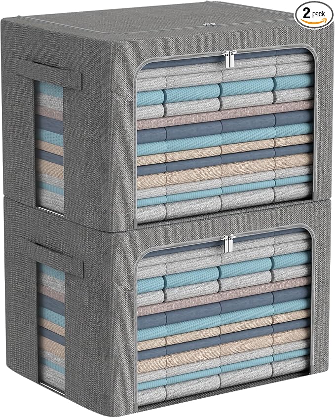 CYhom Clothes Storage Bins Box - Linen Fabric Foldable Stackable Container Organizer Set with Clear Window & Carry Handles & Metal Frame - 2Pack Large Capacity for Bedding, Blankets, Books