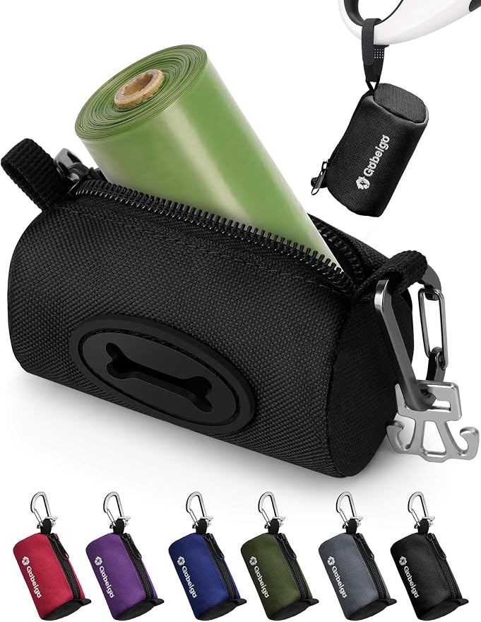 Gobeigo Dog Poop Bag Holder with Used Bag Carrier(Black) | Large Opening for Easy Dispensing, Carabiner & Hook-and-Loop Strap Fits Any Leash, Includes 15 Unscented Waste Bags