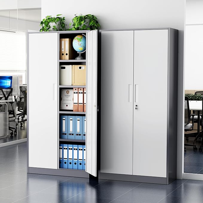 Greenvelly Metal Garage Storage Cabinet, 72" Steel Locking Storage Cabinet with 2 Doors and 4 Adjustable Shelves, Metal Tool Cabinets, Lockable File Cabinets for Home Office, Garage (Gray White)