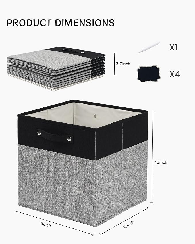 FinishingBo 13 inch Cube Storage Bins with Handles 4 Pack | Foldable Linen Storage Baskets, Closet Organizers, Shelf Baskets, Black Grey