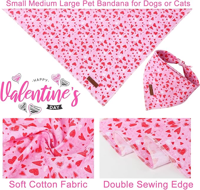 Valentine Dog Bandana - Pink Heart Triangle Bib Scarf for Small Medium Pets, Cotton Kerchief for Girl Boy Dogs or Cats, Red Puppy Bandana