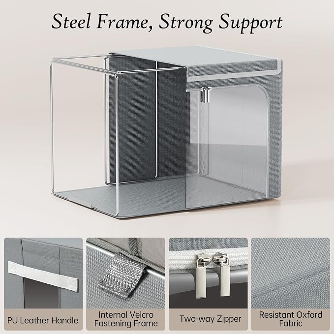 Yecaye Stackable Clothes Storage Bins with Lid, Grey, 40L, 6 Pack | Metal Frame, Foldable, Clear Window & Zippers & PU Leather Handles
