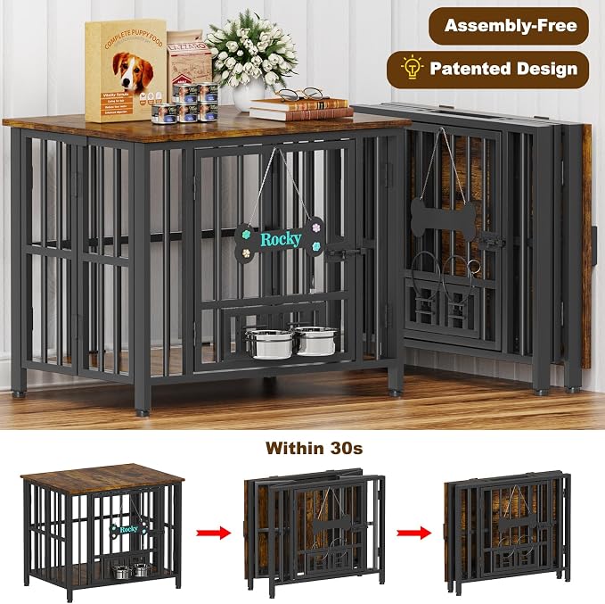 Easycom 31" Dog Crate Furniture Foldable, No Assembly, Rustic Brown | Decorative Wooden Dog Kennel Indoor With Adjustable Bowls and Name Tag, Medium Dogs(20-35 lbs), End Table