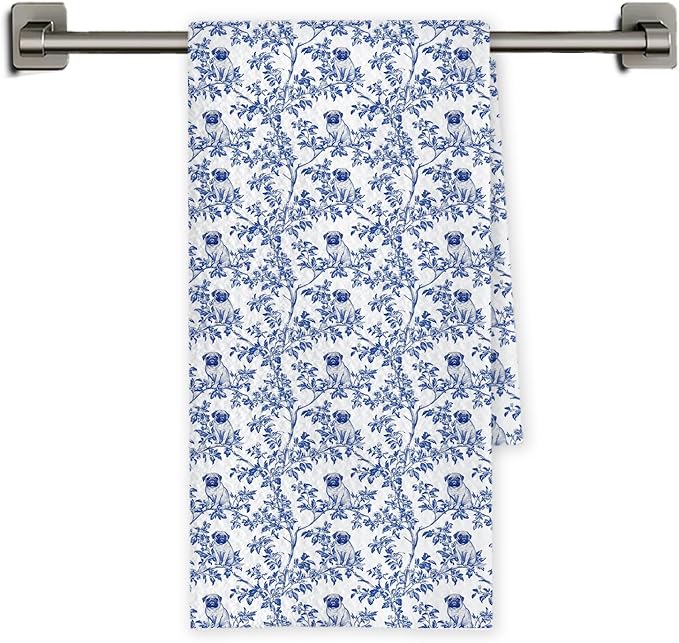 Chicimln Chinoiserie Pug Dog Kitchen Towels, Gifts for Pug Lovers Decorative Hand Towels for Bathroom, Blue and White Dog Dish Tea Towel Drying Cloth for Kitchen Decor, 16x24 Inch