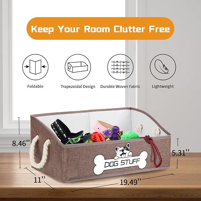Dog Toy Basket, Storage Bin, Collapsible Box for Pet Accessories | Fabric Container With Handle, Trapezoid Holder for Small Medium dogs, Organizer for Living Room, Coffee