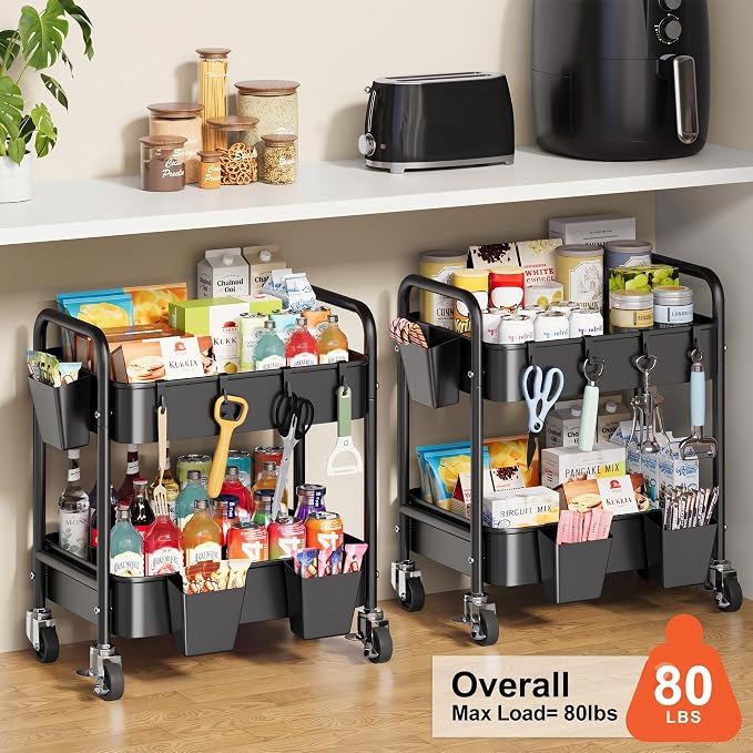 2 Tier Small Rolling Cart Metal with Wheels, Black Under Desk Storage Carts on Wheels, Short Utility Roller Shelf Trolley Organizer for Pantry, Kitchen, Office, Two Tiered Mobile Side Table, 22in Tall