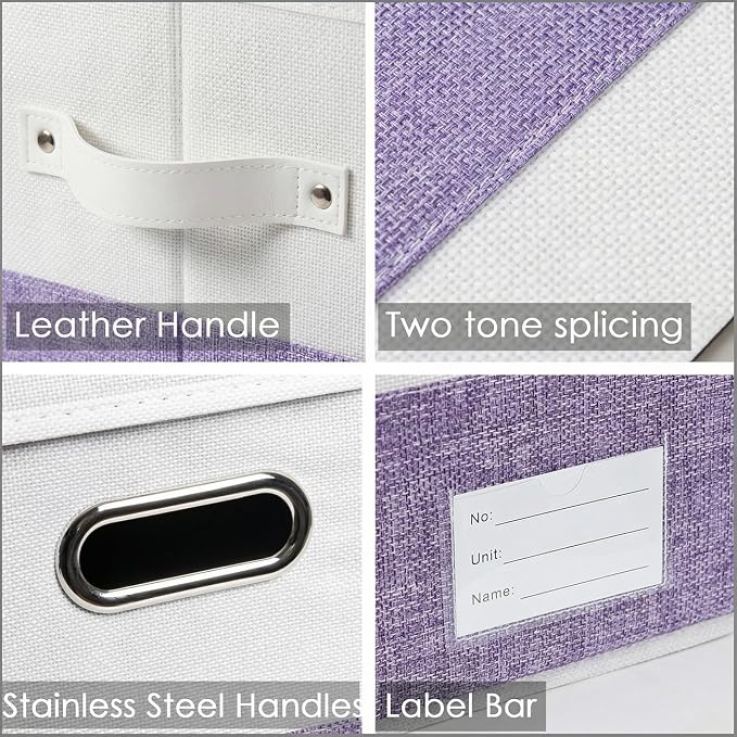 Storage Bins with Lids [3-Pack] Linen Fabric Foldable Storage Boxes Organizer Containers Baskets Cube with Cover for Bedroom Closet Office White&Purple (23.4X15.9X11.4)