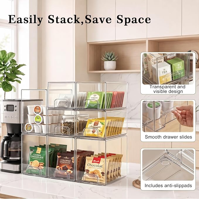 Clear Stackable Storage Drawers: Acrylic Organizer Bins 8 Pack | for Baby Bottle makeup Ideal for Countertop, Vanity, Station, Bathroom, Kichen Cabinet Pantry Organization