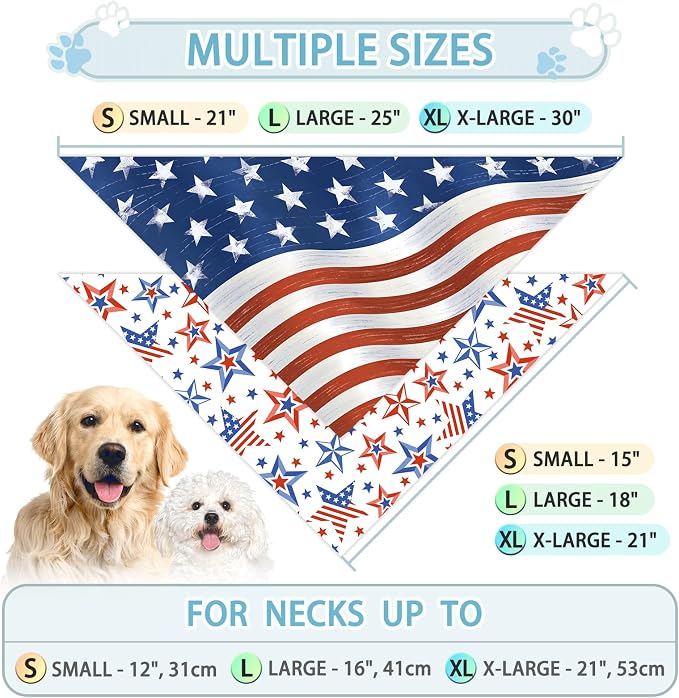 4th of July Dog Bandanas, 2-Pack Triangle Reversible Pet Scarves, Premium Fabric, US Flag Bandana for All Dogs (X-Large, Style 3)