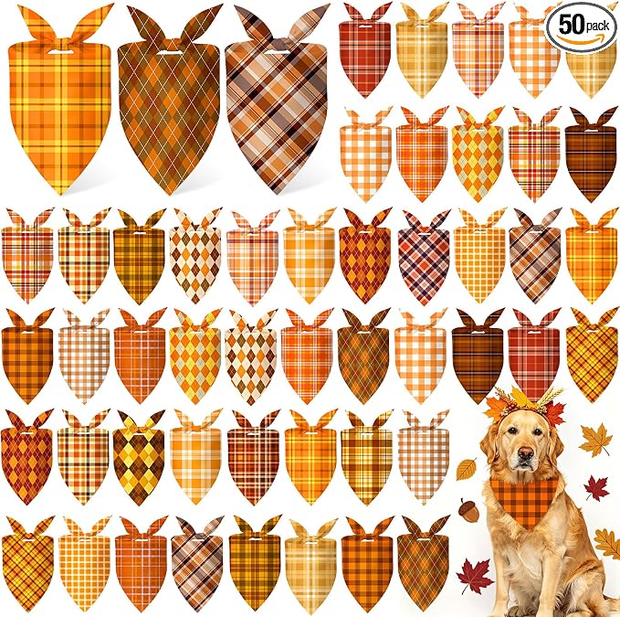 50 Pcs Fall Plaid Dog Bandanas Bulk Autumn Gingham Check Pattern | Triangle Kerchief Bibs Scarf Set for Pets Harvest Party Costume Photo Props Accessories, 25 Styles, 25.6 x 17.7 x 17.7 Inch