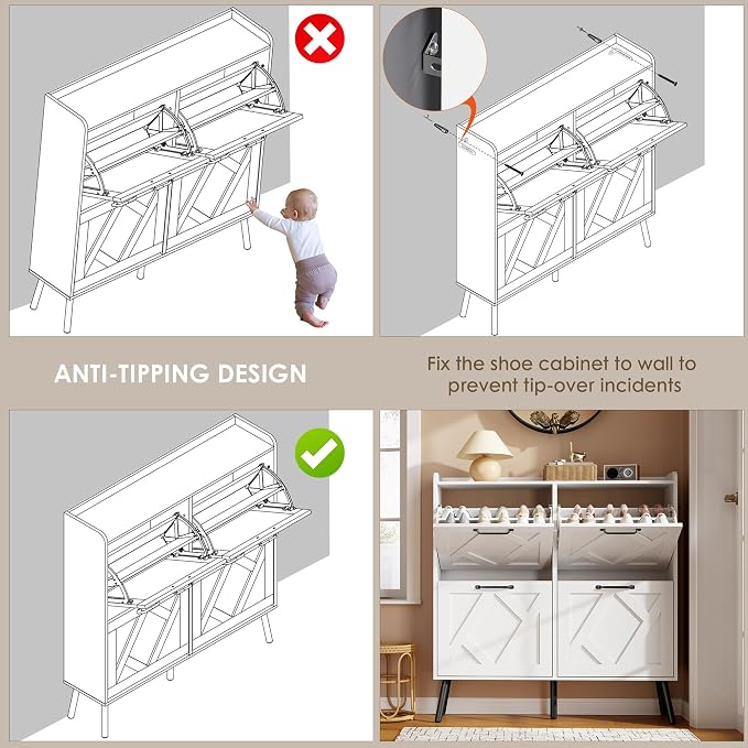 Shoe Cabinet with 4 Flip Drawers, Freestanding Shoe Organizer Cabinet with Metal Legs, Farmhouse Slim Shoe Rack Cabinet for Entryway, Foyer, Hallway, White