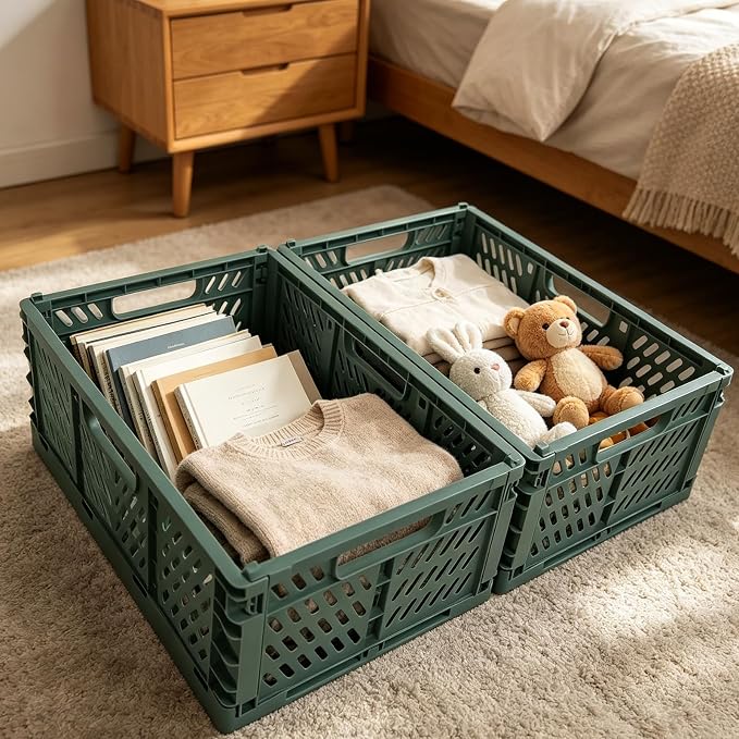 Tobeso-Nuoze 2 Pack Pastel Plastic Storage Baskets-20L Space-Saving Bins | Plastic Collapsible Storage Crates Foldable Plastic Crates for Storage Collapsible Crates for Organizing (White)