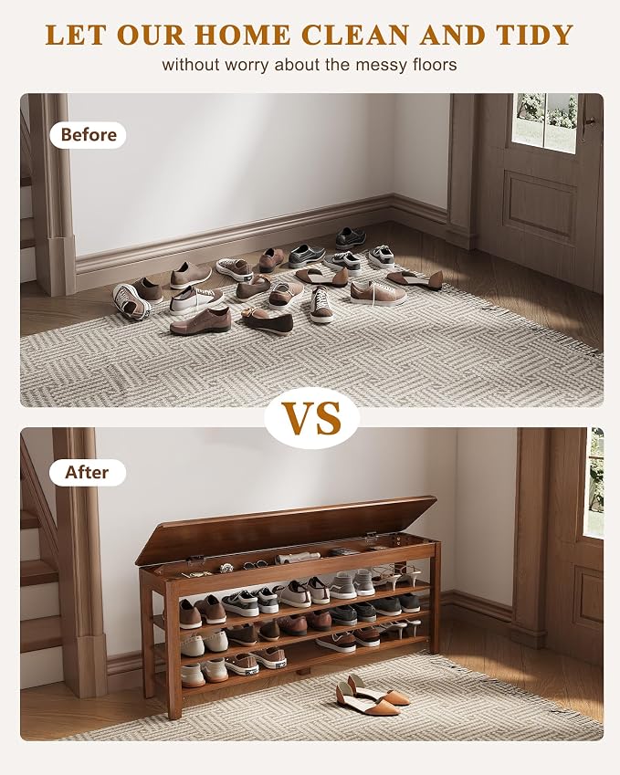 IUNVR Shoe Rack Bench Seat Rubberwood 3-Tier Wooden Storage Bench 550lbs Compact Mid-Century Modern Design for Entryway, Hallway, Closet, Front Door Entrance, Foyer