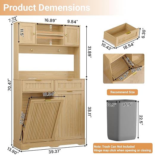 2 x 13 Gallons Double Tilt Out Trash Cabinet with Power Outlet, Natural Oak | 71" Tall Kitchen Fluted Pantry Storage Hutch Cabinet with 2 Drawers, Garbage Can Holder Cabinet with Adjustable Shelve