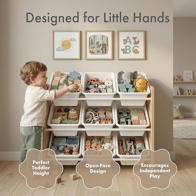 Humble Crew Kids Toy Organizer with 9 Bins, 3 Tier Storage for Playroom | Sturdy wood and steel toddler shelf, removable BPA-free containers, wall anchor anti-tip safety kit for bedroom or classroom