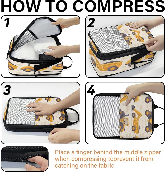 Construction Trucks Compression Packing Cubes Yellow 6 Set Travel Packing Cubes for Suitcases Lightweight Expandable Organizers