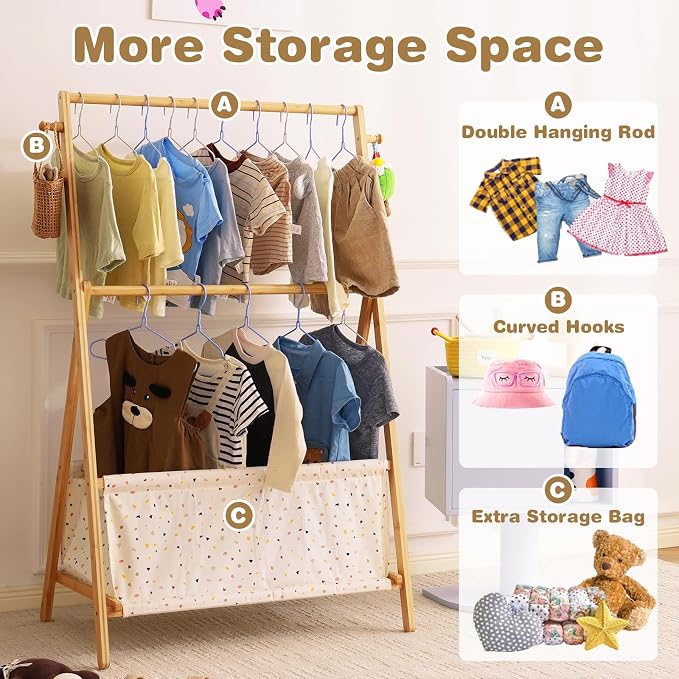 Baveke Kids Clothing Rrack- Kids Dress Up Rack for Little Girls, FSC-Certified Bamboo Kids Clothes Rack, Toddler Dress Up Storage Rack & Folding Costume Rack, Double Rods, Pets Clothes Rack, Spot
