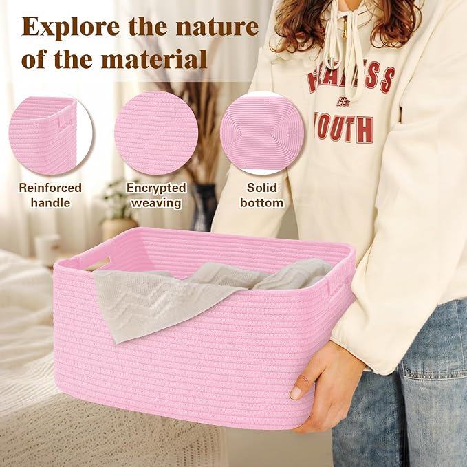 2 Pack Large Storage Basket for Organizing, 17.5"x13"x7" Woven Basket for Shelves, Closet Cube Storage Bins with Wrapped Handle, Cotton Rope Baskets for Kitchen, Clothes, Toys(Light Pink)