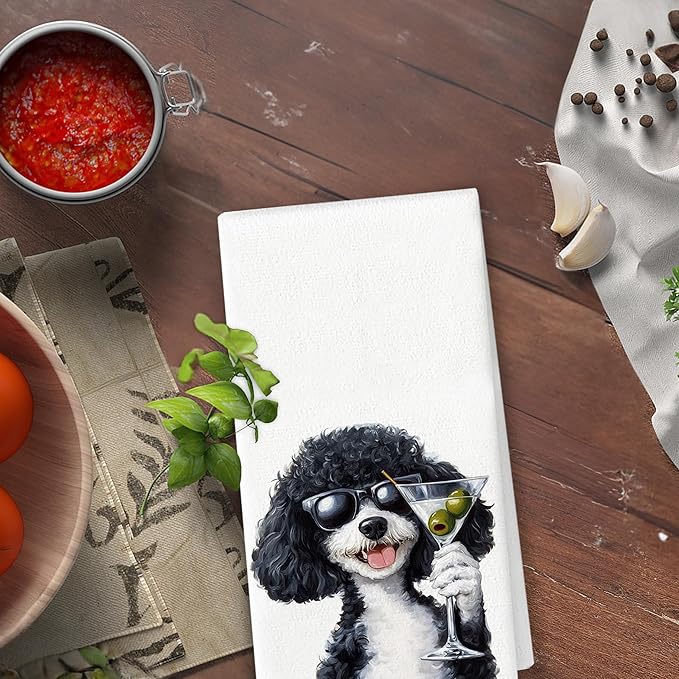 Funny Poodle Kitchen Towels - Funny Martini Lovers Gifts, Home Bar Decor, Black Poodle Dog Cocktail Hand Towels Dish Towels for Kitchen Home Bar, 16x24 Inch