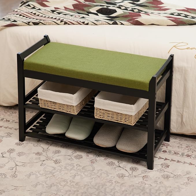 PETKABOO Shoe Rack Bench with Storage 27.6 in, Black Shoe Storage Bench with Cushion for Entryway, Hallway, Bedroom, Living Room