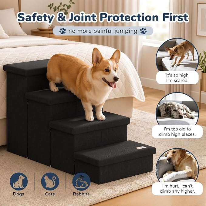 4-Step Wide Dog Stairs with Storage 23" H, Non-Slip Sturdy Pet Steps for High Bed Couch Window, Pet Stairs for Small/Medium/Large Old Dogs Cats Up to 220lbs, Cat Dog Steps for Car/SUV, Black