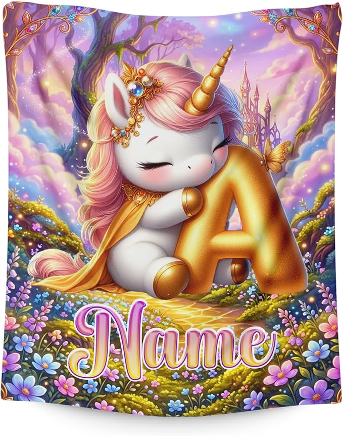 Unicorn Blanket for Girls with Custom Initial Name, Personalized Kids Throw | Lightweight Flannel Throw, Living Room Couch Decor, Gift for Unicorn Lover