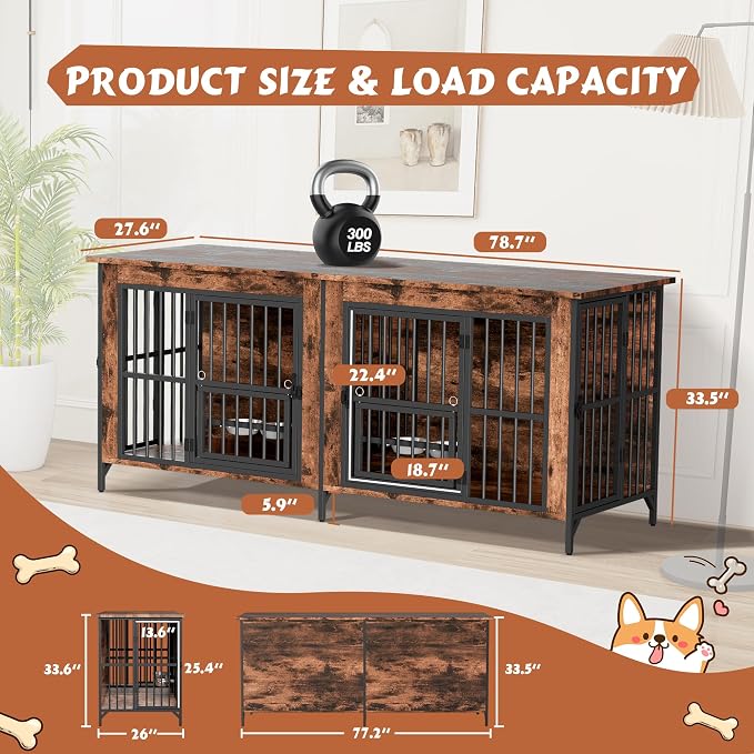 79'' Double Dog Crate Furniture for 2 Dogs, Wooden Dog Kennel with Removable Divider, XXL Dog House Indoor with Rotating Bowl Holders, Heavy Duty Dog Crate TV Stand (78.7"L x 27.6"W x 33.5"H)