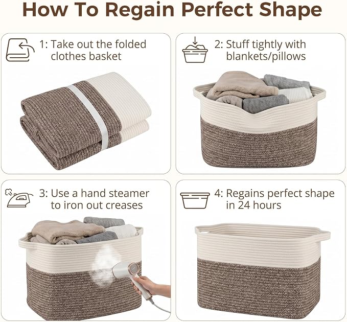 OIASKET 108L Cotton Rope Storage Basket for Living Room and Bedroom 25"x16"x16" Woven Laundry Basket, Heavy Duty Bin for Blankets, Pillows & Toys, Pet-Safe & Scratch-Free, Dark Brown and White