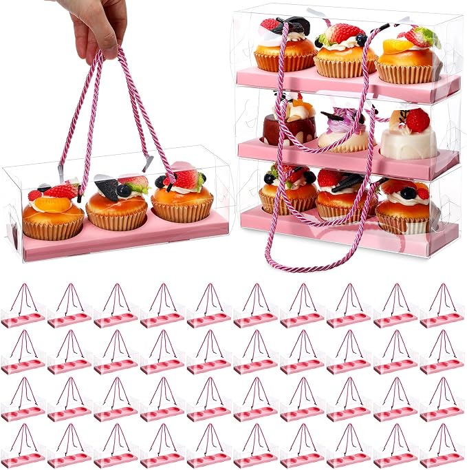 Thenshop 40 Pcs Clear Cupcake Boxes 9x3x3 in 3 Compartment Holder,Pink | Transparent Holders with Handles, Individual Pastry Display for Wedding Graduation Party Favors Cookies Treats Gifts