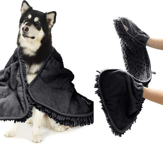 Patas Lague Absorbent Dog Towel for Drying Dogs Large, 35''x15'' Extra Large Microfiber Quick Drying Pet Bath Towel with Hand Pockets, Machine Washable Pet Shammy Charcoal