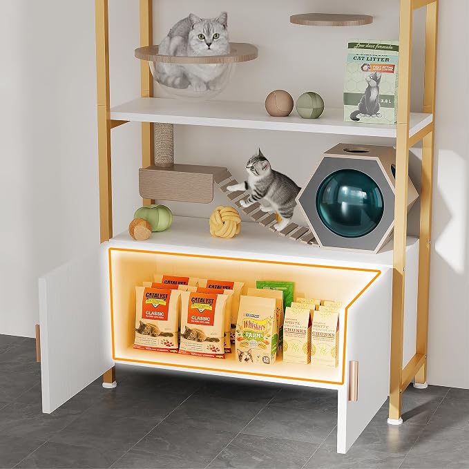 Kepptory Arched Cat Storage Shelf, 5-Tier Cat Tower Display Rack with Cabinet
