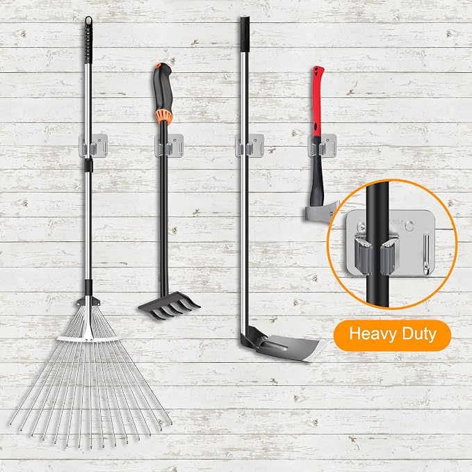 4 Pack Stainless Steel Heavy Duty Broom Holder Wall Mount with Hook, Silver | Screw Drilling Mop and Broom Hanger, Single Storage Rack for Laundry Garage Closet Garden Tool Organizer