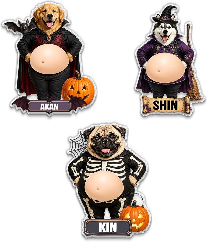 Customized Pet Halloween Photo Face Squishy Belly Fridge Magnet | Funny Custom Pet Face Character with Halloween Outfit, Personalized Name and Acrylic Gift for Dog and Cat Lovers