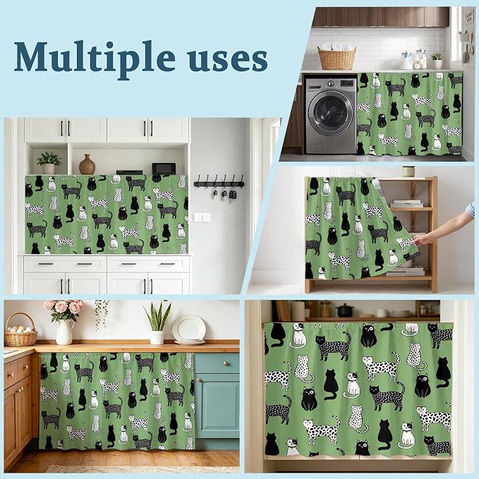 Cat Animal Sink Skirt 11"Wx13"L,Dustproof Under Sink Curtain with Self Adhesive Tape,Sage Green Earthy Tone Vintage Pet Modern Cabinet Curtain Cover for Bathroom Vanity,Kitchen Cabinet Storage Shelf