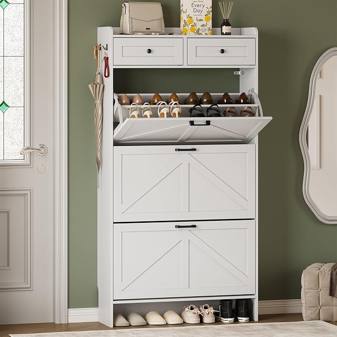 BORNOON Shoe Storage Cabinet for Entryway, Farmhouse Narrow Shoe Cabinet with 3 Flip Drawers & 2 Top Drawers, Adjustable Shelves & Hooks, Freestanding Hidden Rack Organizer for Hallway, Foyer