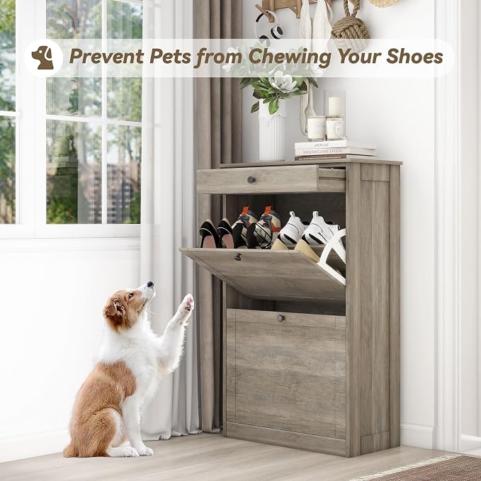 Shoe Cabinet with 2 Flip Drawers, Freestanding Shoe Storage Organizer | Narrow Shoe Rack with Drawers, Slim Shoe Cabinet for Entryway, Closet, Hallway, Living Room, Rustic Gray