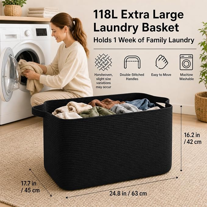 OIASKET 118L Extra Large Blanket Basket Living Room, 24.8"x17.7"x16.2" | Woven Rope Baskets for Storage, Nursery Blanket Storage for Living Room, Toy Basket with Handle Organizing Comforter Pillows