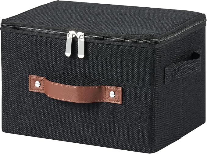 Storage Bins with Zipper Lids Decorative Lidded Baskets Boxes | Clothes Container, Closet Shelf Organizer, Foldable Washable, Cotton Linen Fabric, w/ PU Leather Handles, Black, Small