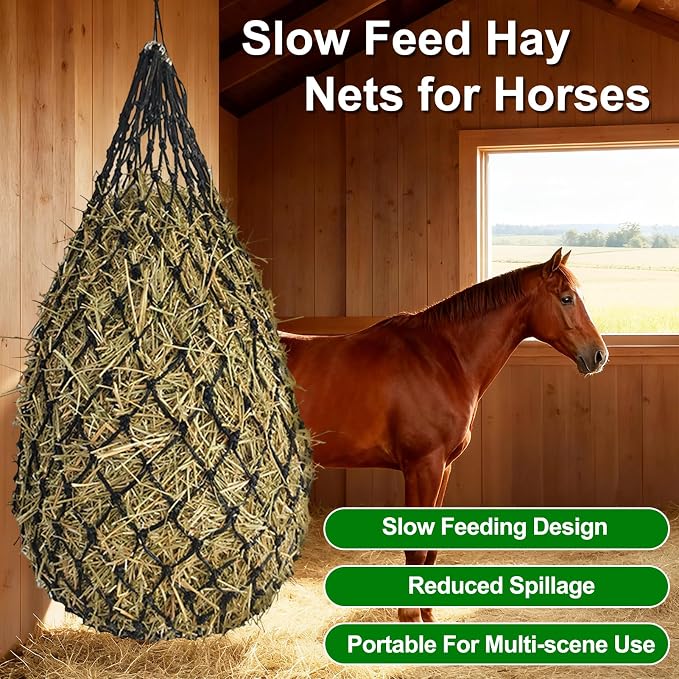 Hay Bags for Horses, 2 Pack Hay Nets for Horses Slow Feed, Goats, Livestock, 40" Large Opening Polyester Rope Hay Nets for Horses with Drawstring, Reduces Waste for Travel Pasture Stall Use