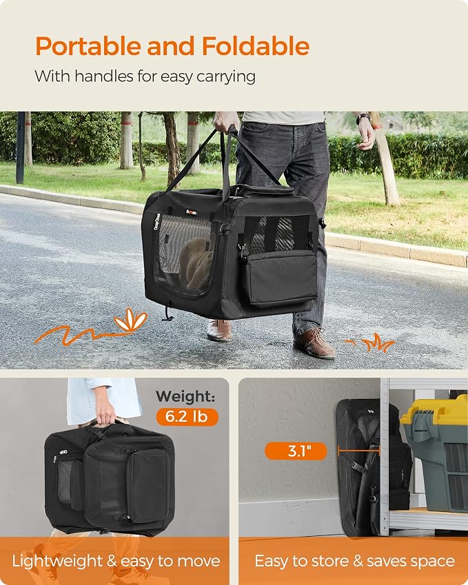 Feandrea Collapsible Soft Dog Crate, Portable Travel, 36 Inches | Dog Carrier Kennel with Safety Zippers for Living Room, Car, Travelling, Black UPDC90H