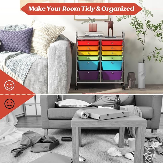 12 Drawer Rolling Storage Cart, Art Cart Organizer on Wheels, Mobile Utility Cart with Drawers, Multipurpose Craft Drawers for Home Office School Classroom (Multicolor)