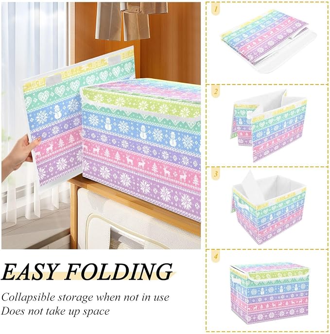 Christmas Deer Fabric Storage Bins with Lid Closet Storage Basket | Foldable & Stackable, Flip Top Dust Guard, Reinforced Handles, Home & Bedroom, Clothes & Toys, Oxford Print Basket