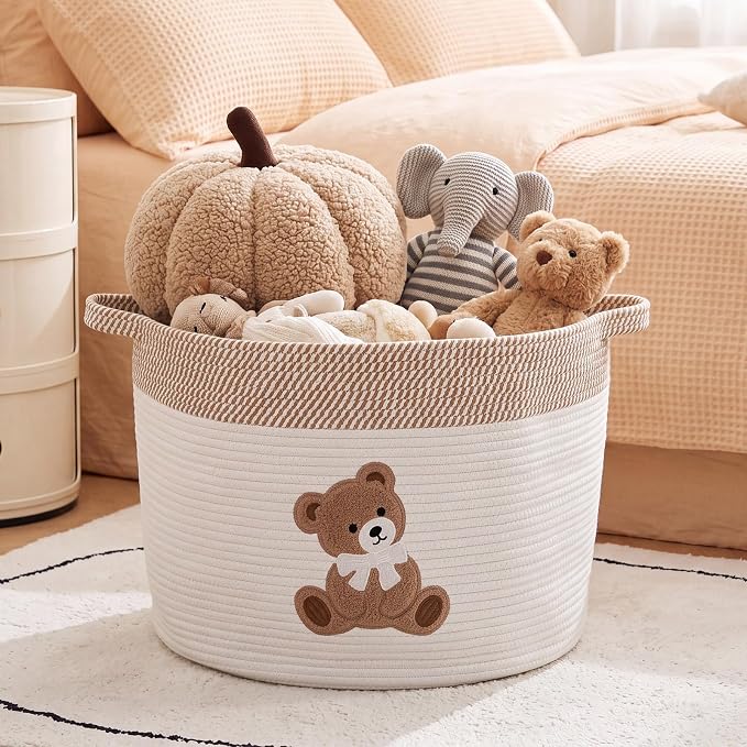 LemonRoad Extra Large Basket 20"x14", Woven Basket for Laundry Blanket Toy Box with Handle Storage, Blanket Storage for Living Room Nursery Pillows Chest(Cotton Rope,Bear,Brown White)