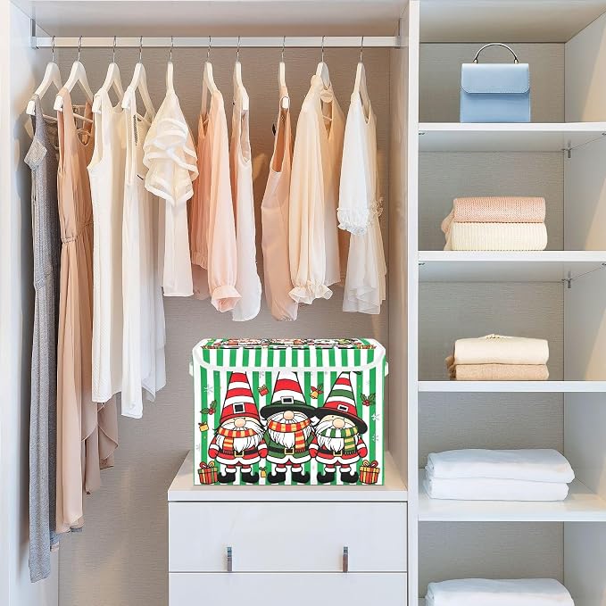 Christmas Stripe Fabric Storage Bins with Lid Closet Storage Basket 40L | Decorative Storage Boxes, Foldable & Stackable, Dust-Proof Flip Top, Reinforced Handles, For Home & Dorm, Clothes & Toy Box