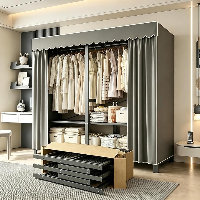 47.2in Heavy Duty Portable Closet with Dark Gray Cover | Foldable Covered Clothes Rack for Hanging Armoire Wardrobe Closet System Freestanding Coat Storage Garment Racks