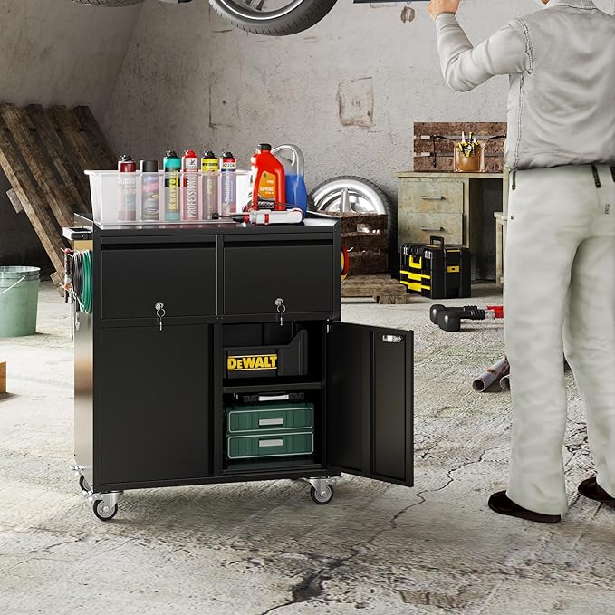 Metal Tool Cabinet with 2 Drawers, Adjustable Shelf & Wheels, Black | Rolling Garage Storage Cabinet with 2 Doors for Tools and Workshop