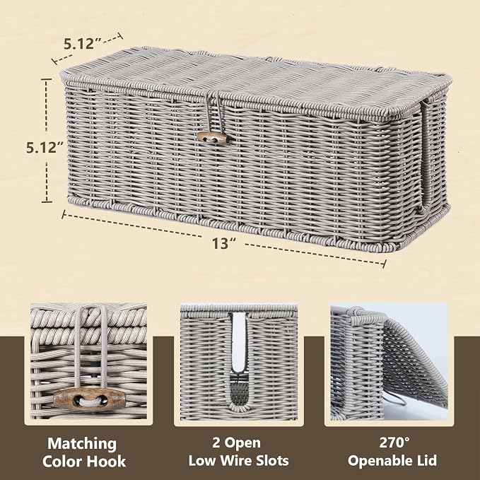 Cable Management Box, Cord Organizer with Lid & Cable Ties - Gray Small | Handmade Open Slots Cord Hider Outlet Covers for Power Strip TV PC Router Charger Under Desk Storage