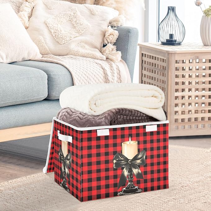 Fabric Storage Bins with Lid Candle Closet Bedroom 40L Storage Basket | Decorative Storage Boxes, Foldable & Stackable, Dust-Proof Flip Top, Reinforced Handles, For Home & Dorm, Clothes & Toy Box
