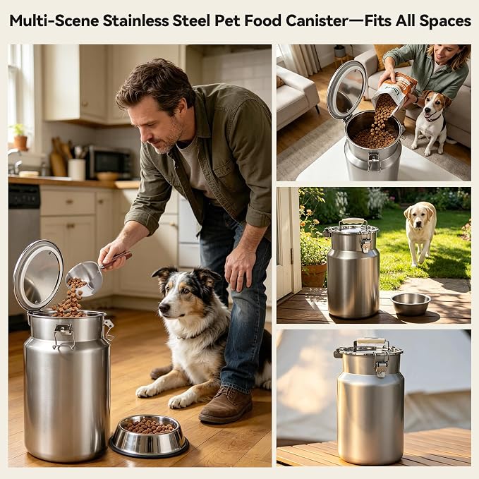 Newget 30 lb Stainless Steel Airtight Dog Food Storage Container with Scoop | Large Capacity, Rust-Resistant Steel, Sturdy & Durable, Airtight Seal, Moisture Protection, Suitable for Multi-Pet Families