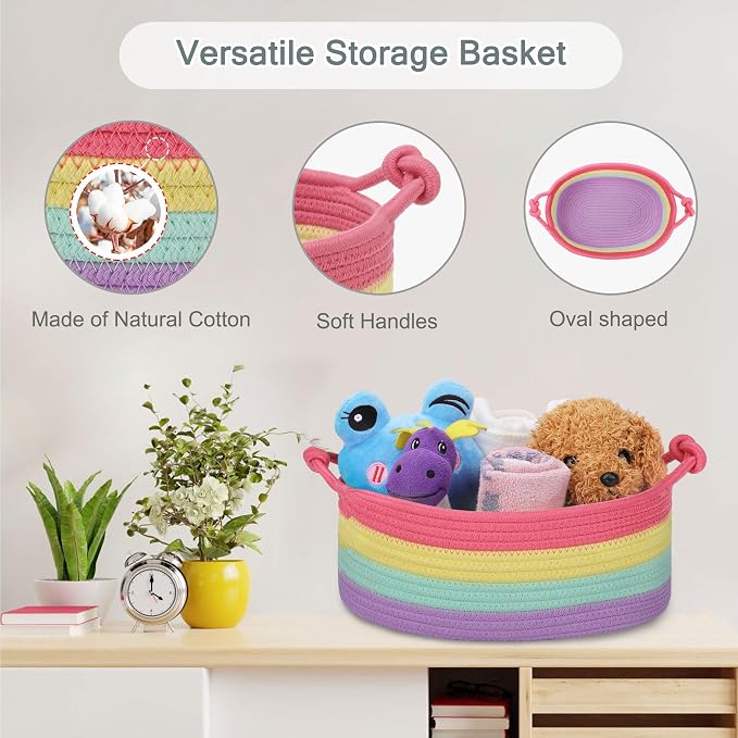 COMSE Small Gift Basket Empty with Bag & Ribbons, Rainbow | Cotton Rope, 12"x 8"x 5", Pet Toy Storage Organizer, Woven Basket for Birthdays, Baby Showers, Mother’s Day, Valentine’s Day